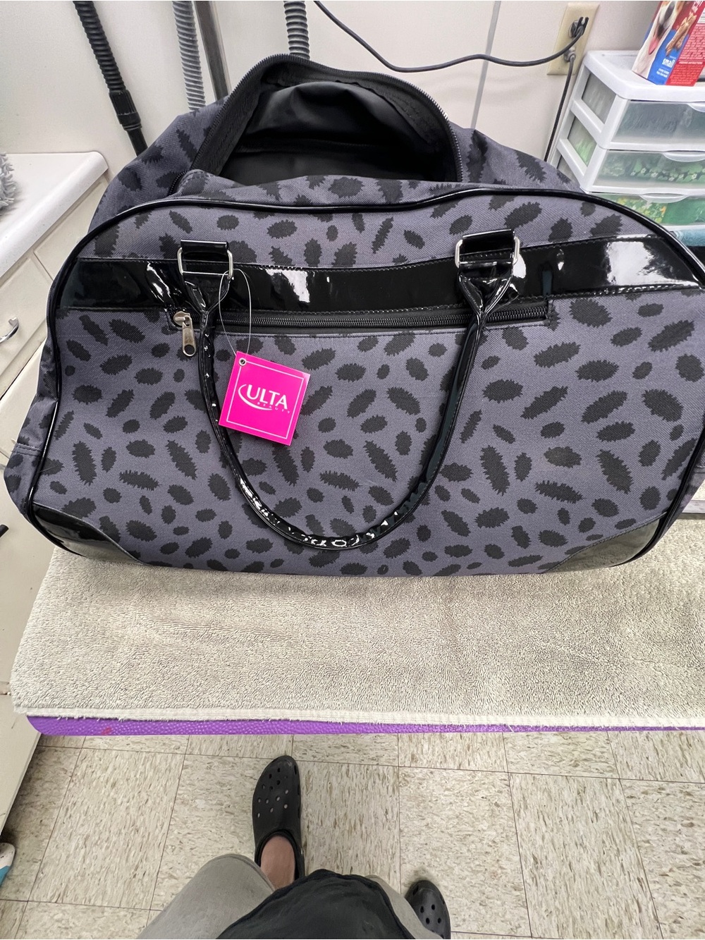 Ulta Beauty Gray Leopard-Print Travel Bag with Black Patent Trim